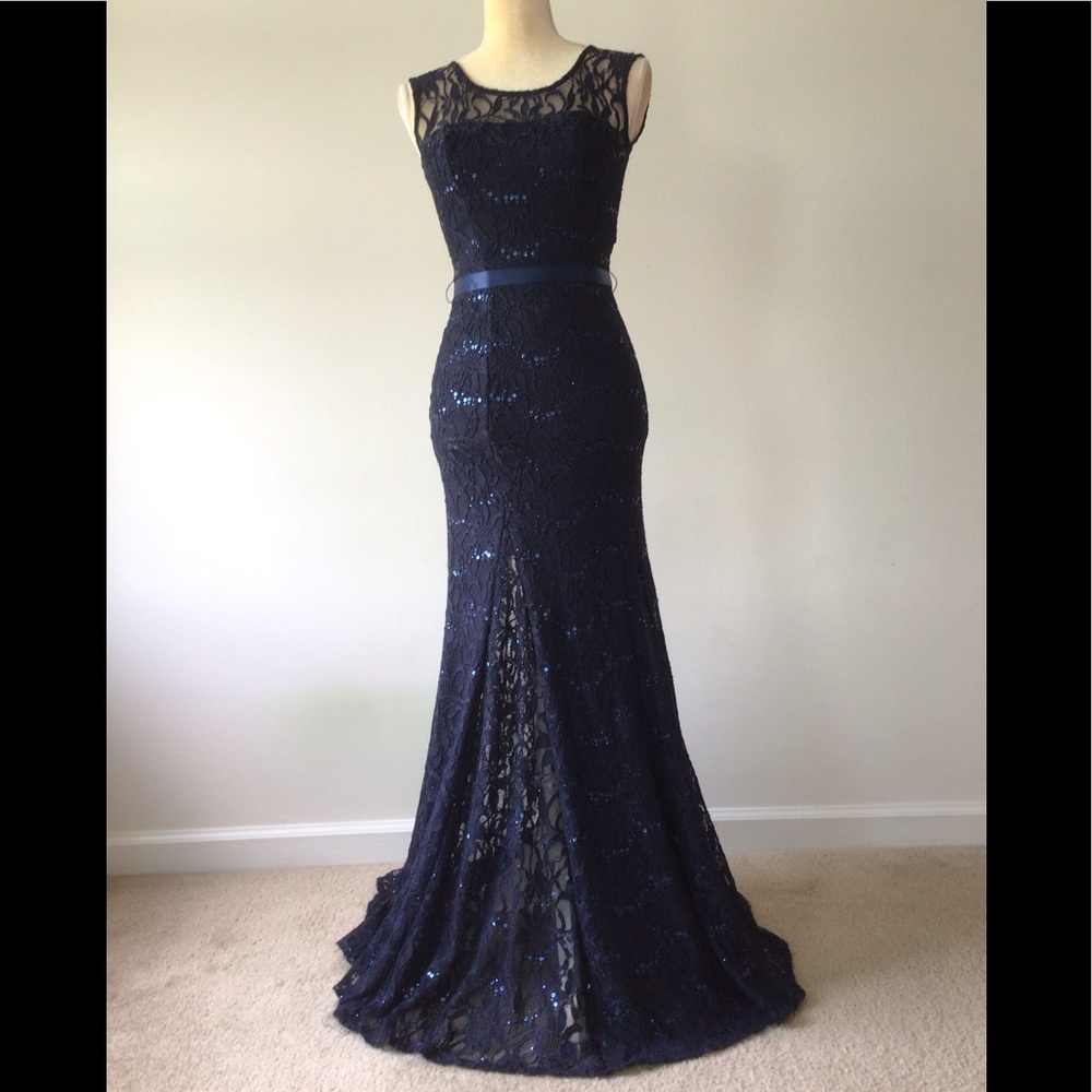 B. Darlin Navy Lace Mermaid Gown - Picture 3 of 12